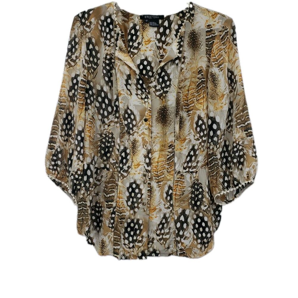 Etcetera Silk Button Up Blouse Sz 12 Tan Brown Pheasant Feather Print 3/4 Sleeve